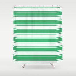 [ Thumbnail: Sea Green and Mint Cream Colored Pattern of Stripes Shower Curtain ]