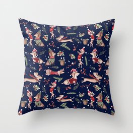 Dachshund in the snow on blue Throw Pillow