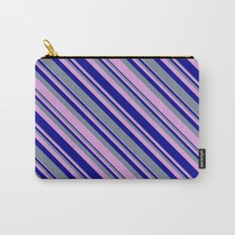 [ Thumbnail: Light Slate Gray, Plum, and Dark Blue Colored Lines/Stripes Pattern Carry-All Pouch ]