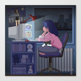 Retro Anime Girl on Computer with Cat Canvas Print