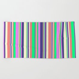 [ Thumbnail: Vibrant Light Coral, Green, Violet, Dark Slate Blue, and Light Yellow Colored Pattern of Stripes Beach Towel ]