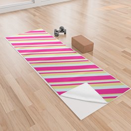 [ Thumbnail: Tan, Light Cyan & Deep Pink Colored Striped Pattern Yoga Towel ]
