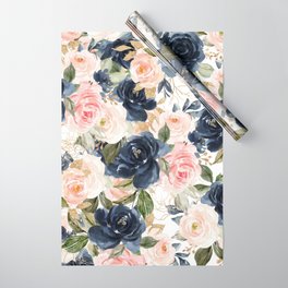 Navy Pink Watercolor Floral Pattern Nursery Flowers Wrapping Paper