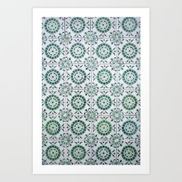 Vintage green azulejos in Alfama, Lisbon, Portugal - Tiles pattern street and travel photography Art Print