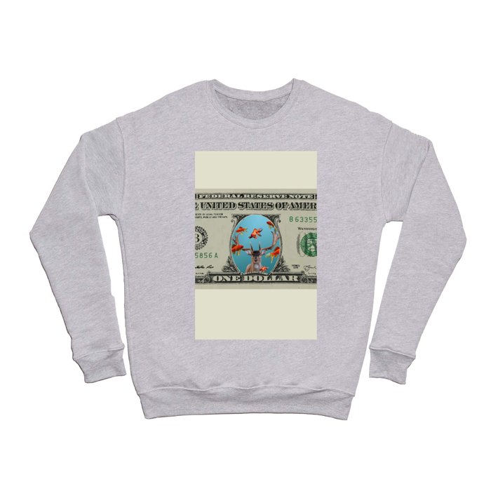 One Dollar note animal reindeer with goldfishes Crewneck Sweatshirt