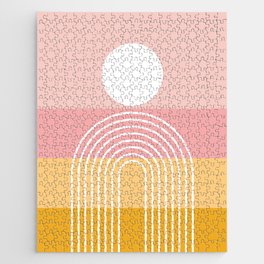 Geometric Rainbow Sun Abstract 11 in Mustard Yellow Pale Pink Jigsaw Puzzle