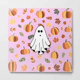 Ghost, pumpkins and leafs Metal Print