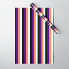 [ Thumbnail: Indigo, Coral, Light Cyan & Black Colored Pattern of Stripes Wrapping Paper ]