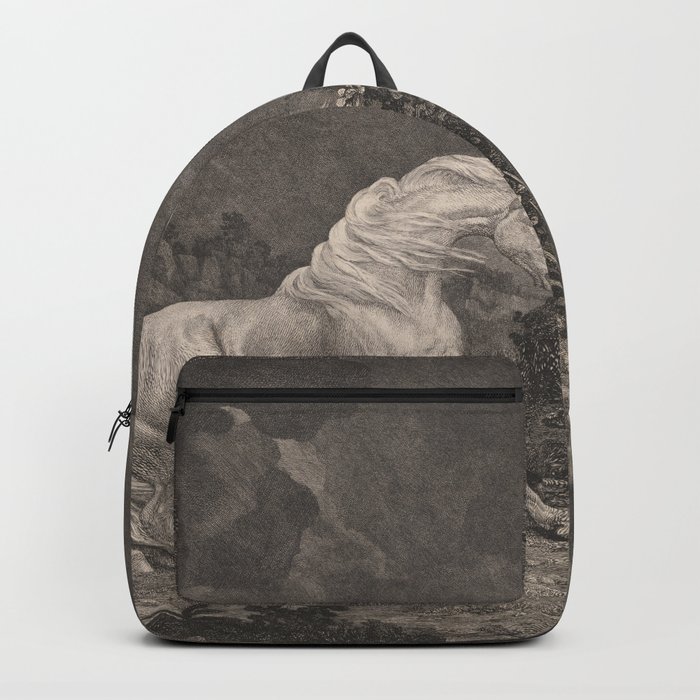 George Stubbs A Horse Affrighted By A Lion Black And White Vintage Ink Illustaration Fantasy Art Backpack By Enshape