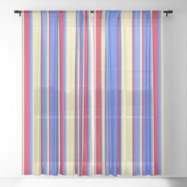 [ Thumbnail: Pale Goldenrod, Cornflower Blue, Royal Blue & Crimson Colored Striped/Lined Pattern Sheer Curtain ]