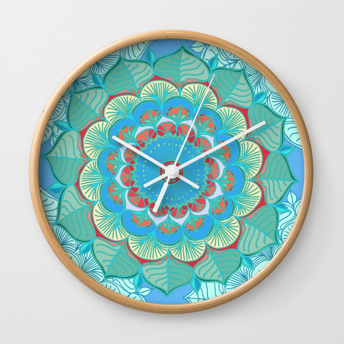 In Full Bloom - detailed floral doodle in blue, green & red Wall Clock