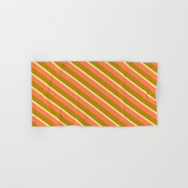 [ Thumbnail: Coral, Dark Goldenrod, and Tan Colored Pattern of Stripes Hand & Bath Towel ]