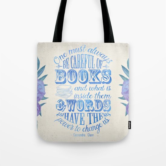 Be Careful Of Books - White and Blue Tote Bag