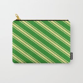 [ Thumbnail: Forest Green & Tan Colored Lines Pattern Carry-All Pouch ]
