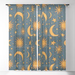 Vintage Sun and Star Print in Navy Sheer Curtain