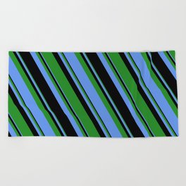 [ Thumbnail: Forest Green, Cornflower Blue & Black Colored Lines Pattern Beach Towel ]