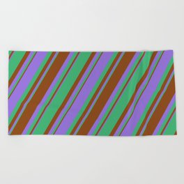 [ Thumbnail: Purple, Sea Green & Brown Colored Lined/Striped Pattern Beach Towel ]