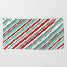 [ Thumbnail: Eyecatching Aquamarine, Powder Blue, Red, Light Cyan, and Gray Colored Lines Pattern Beach Towel ]