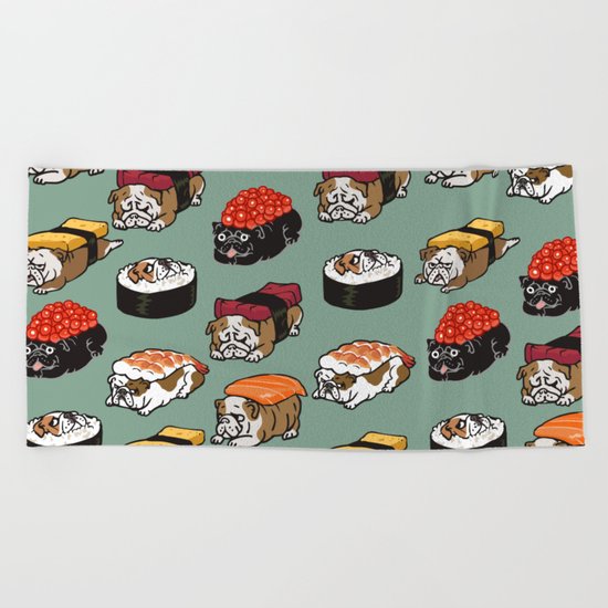 Sushi English Bulldog Beach Towel