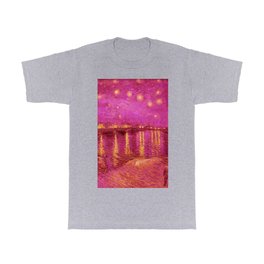 Starry Night Over the Rhone landscape painting by Vincent van Gogh in alternate pink with yellow stars T Shirt | Starrynight, Pink, Overtherhone, Vincent, Milkyway, Rhine, Vincentvangogh, Naples, Romantic, Paintings 