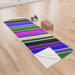 [ Thumbnail: Eye-catching Fuchsia, Blue, Pale Goldenrod, Green, and Black Colored Pattern of Stripes Yoga Towel ]