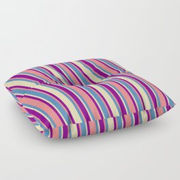 [ Thumbnail: Blue, Tan, Purple & Light Coral Colored Pattern of Stripes Floor Pillow ]