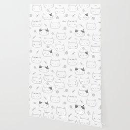 Grey Doodle Kitten Faces Pattern Wallpaper