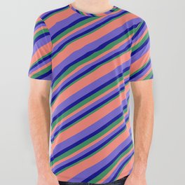 [ Thumbnail: Salmon, Slate Blue, Dark Blue & Sea Green Colored Pattern of Stripes All Over Graphic Tee ]