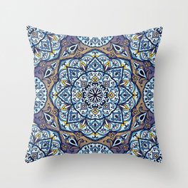 Ornamental Ethnic Bohemian Pattern III Navy Aqua Throw Pillow