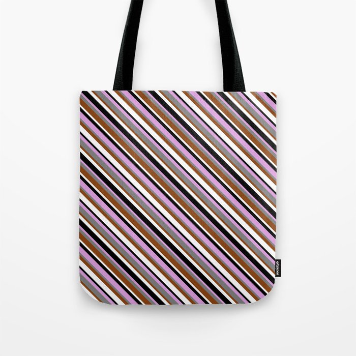 Eyecatching Plum, Grey, Brown, White & Black Colored Striped/Lined Pattern Tote Bag