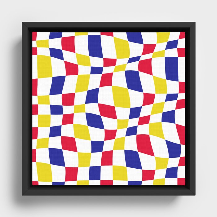 Warped Checkered Pattern (red/blue/yellow) Framed Canvas