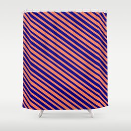 [ Thumbnail: Coral & Dark Blue Colored Stripes Pattern Shower Curtain ]