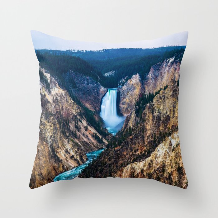 Lower Falls - Rainy Evening at the Grand Canyon of the Yellowstone in Yellowstone National Park Throw Pillow