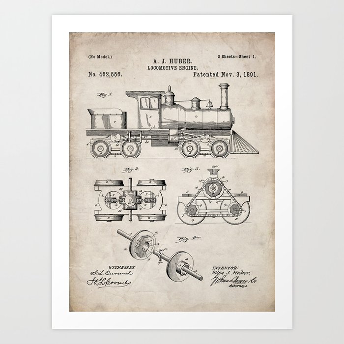A 1891 Patent Art Poster Huber Train J Locomotive Engine 