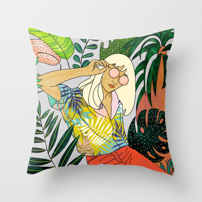 Spring Break, Tropical Bohemian Travel Line Art, Woman Fashion Palm Forest Jungle Watercolor Nature Throw Pillow