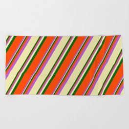 [ Thumbnail: Orchid, Pale Goldenrod, Dark Green, and Red Colored Striped/Lined Pattern Beach Towel ]