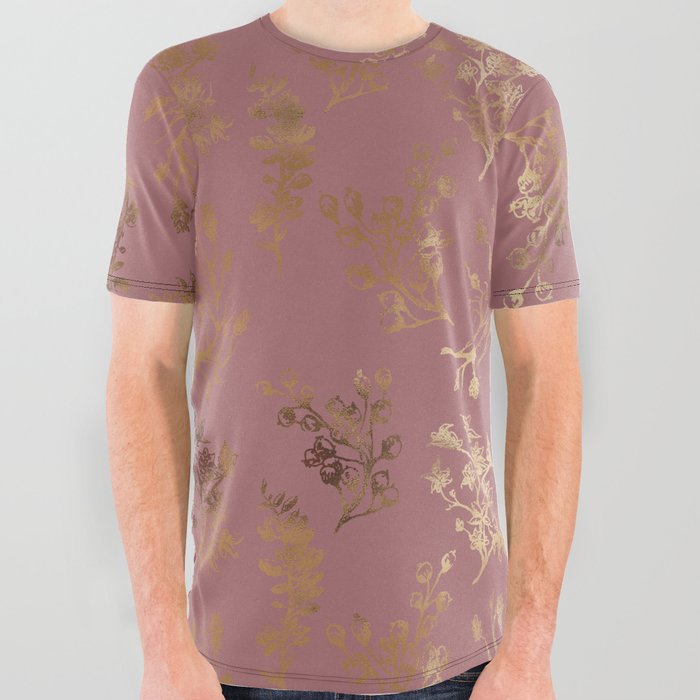 Mauve pink faux gold wildflowers illustration All Over Graphic Tee