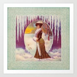 Aesthetic woman in winter, chromolithograph Art Print