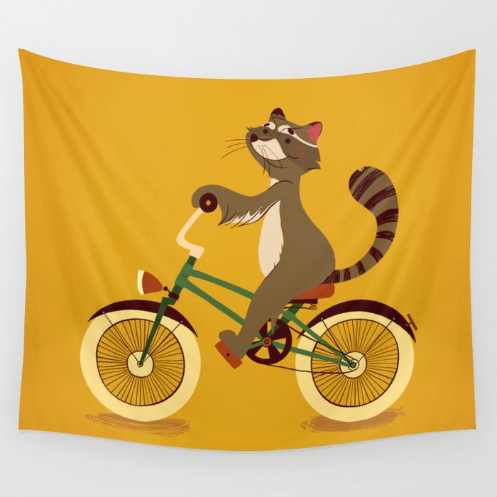 Raccoon on a bicycle Wall Tapestry