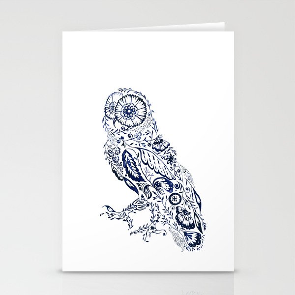 Folk Floral Indigo Owl Stationery Cards