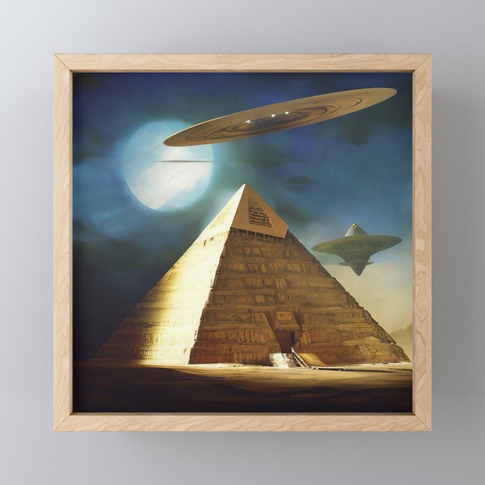 Spaceship flying over the great pyramid Framed Mini Art Print