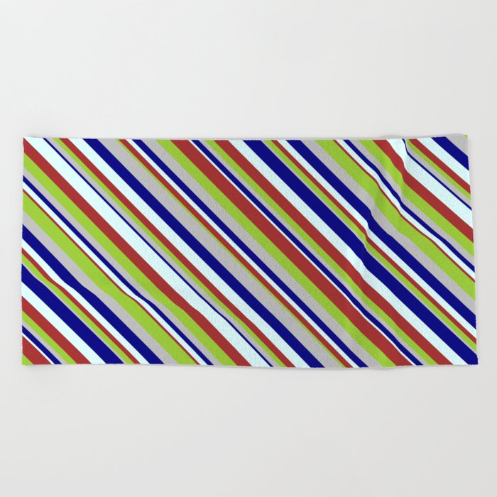 Blue, Light Cyan, Brown, Green, and Grey Colored Striped Pattern Beach Towel