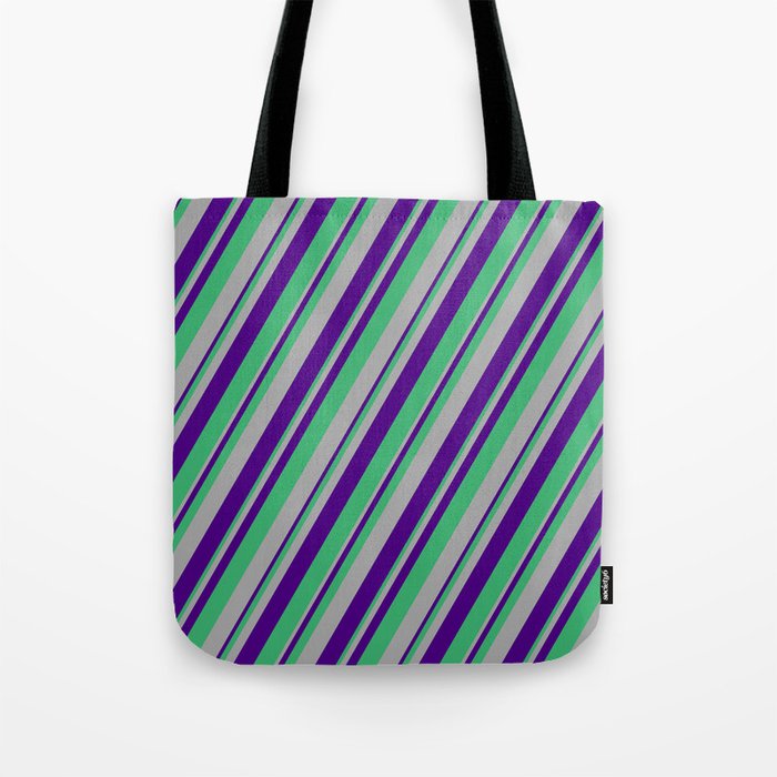 Indigo, Sea Green & Dark Gray Colored Lined/Striped Pattern Tote Bag