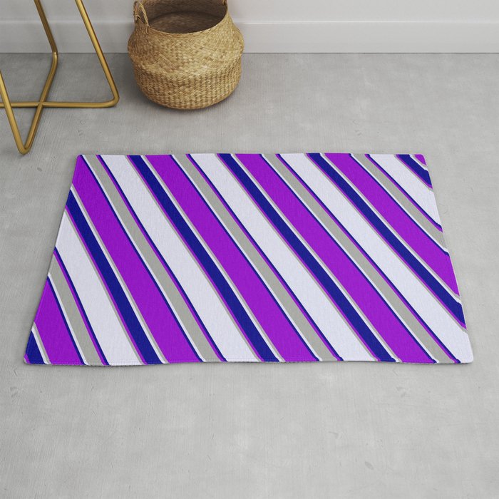 Lavender, Dark Blue, Dark Violet, and Dark Grey Colored Lined Pattern Rug