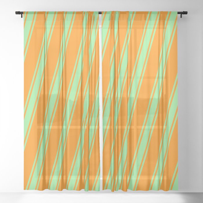Dark Orange and Light Green Colored Lined/Striped Pattern Sheer Curtain