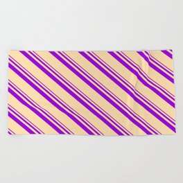 [ Thumbnail: Dark Violet and Tan Colored Stripes/Lines Pattern Beach Towel ]