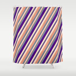 [ Thumbnail: Slate Gray, Indigo, Bisque & Dark Salmon Colored Stripes/Lines Pattern Shower Curtain ]