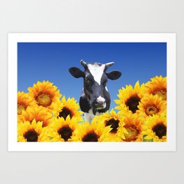 Cow black and white with sunflowers Art Print