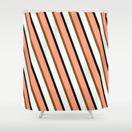 [ Thumbnail: Light Salmon, Brown, Mint Cream, and Black Colored Striped/Lined Pattern Shower Curtain ]