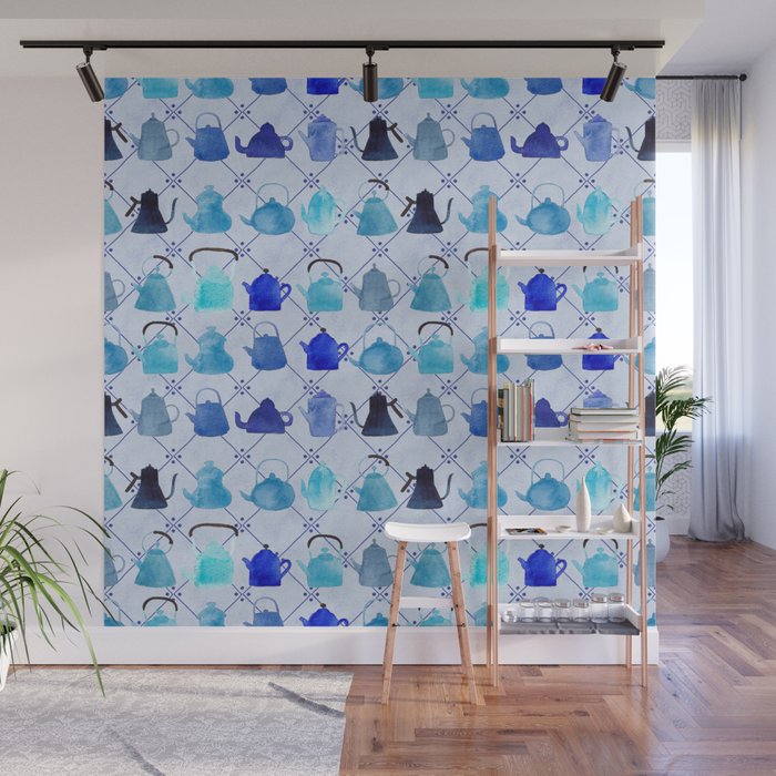 Blue Teapots Pattern Hand-painted in Watercolour/Blue Background Wall Mural